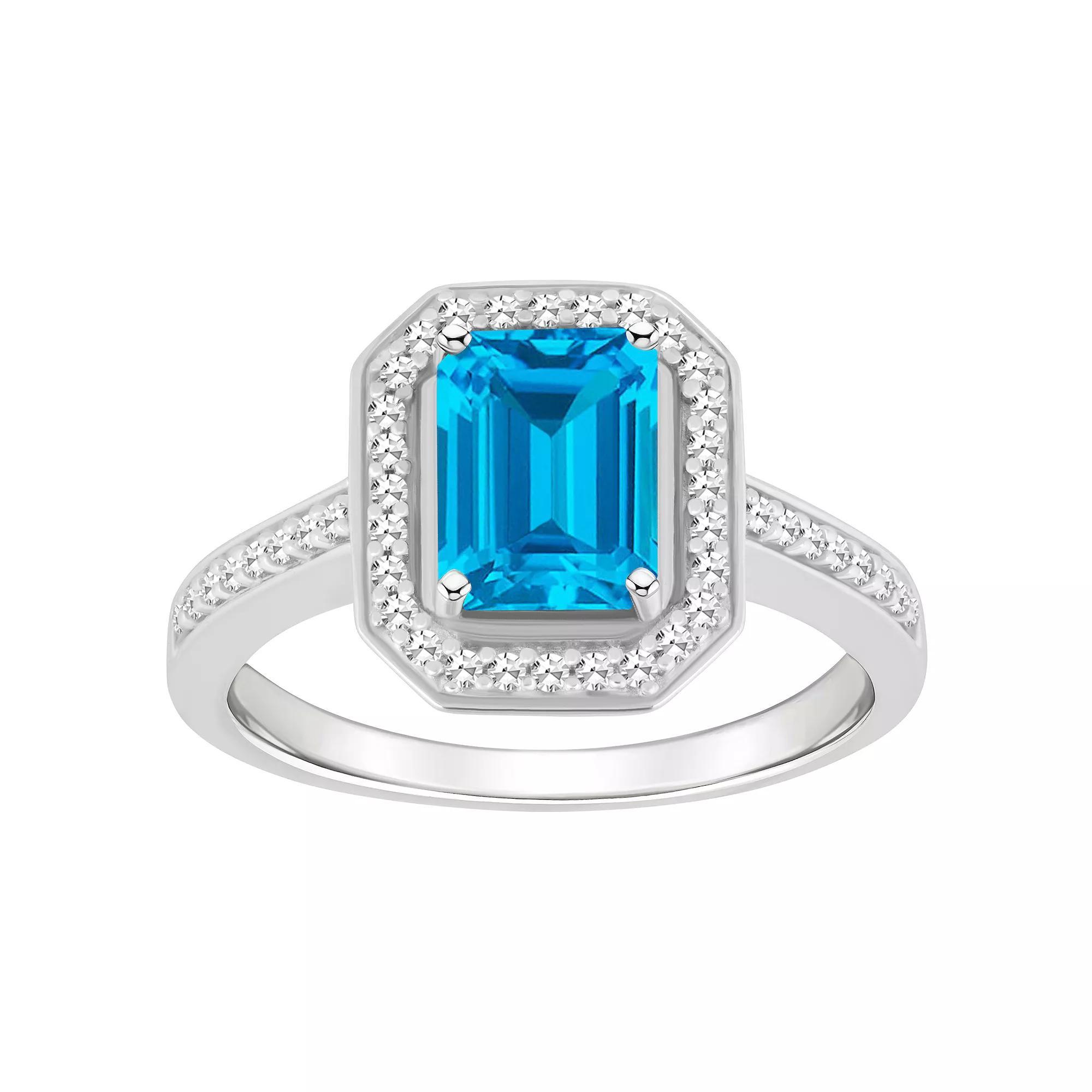 Celebration Gems Sterling Silver 8 mm x 6 mm Emerald Cut Gemstone & 1/5 Carat T.W. Diamond Halo Ring, Womens, Blue Topaz Product Image