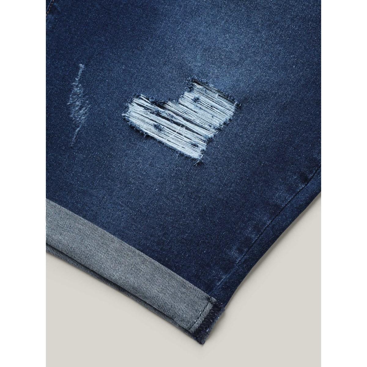 Plus Size Ripped Straight-Leg Denim Shorts Women Denimindigo High stretch Work Slanted pocket Workwear Essentials Denim Shorts BloomChic 28/5X Product Image