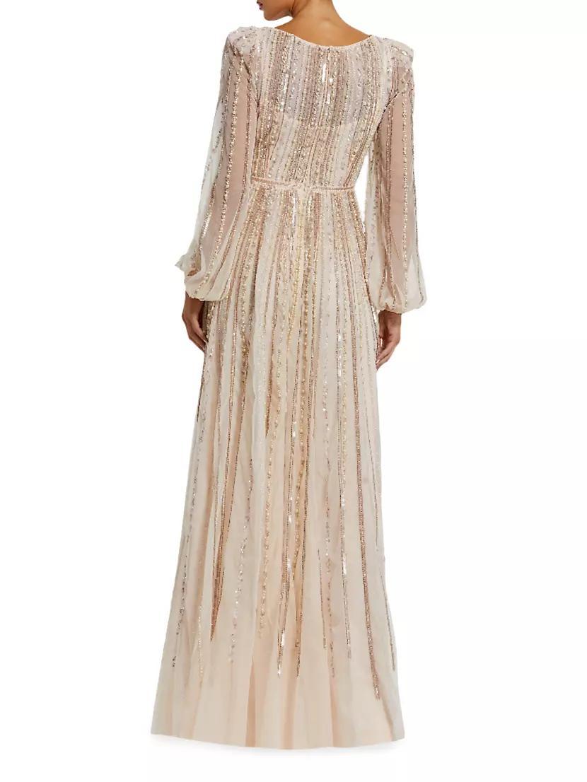 Striped Beaded Chiffon Boatneck Gown Product Image