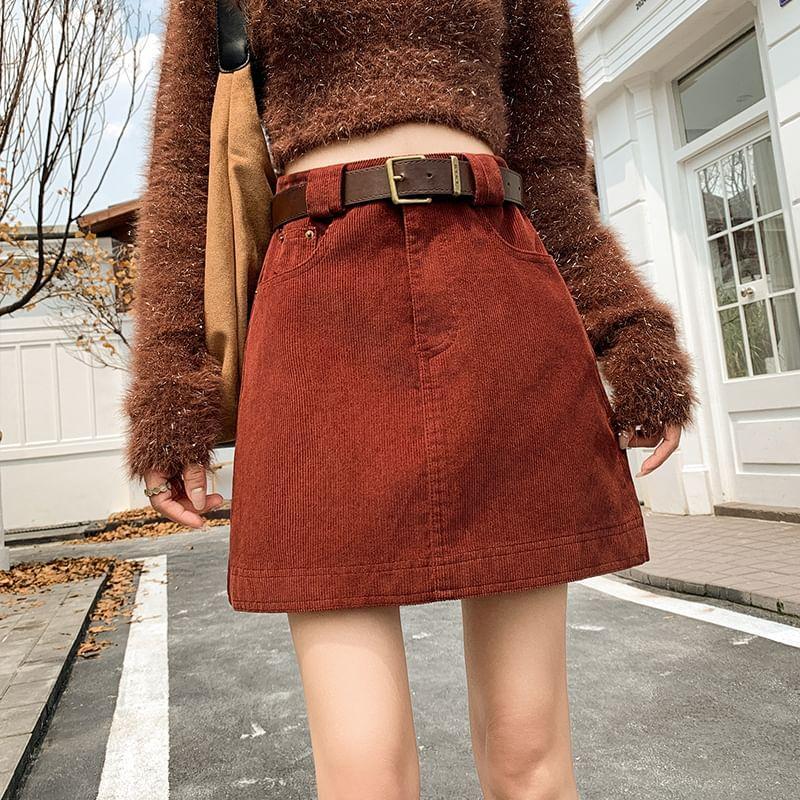 High Rise Plain Corduroy Mini A-Line Skirt Product Image