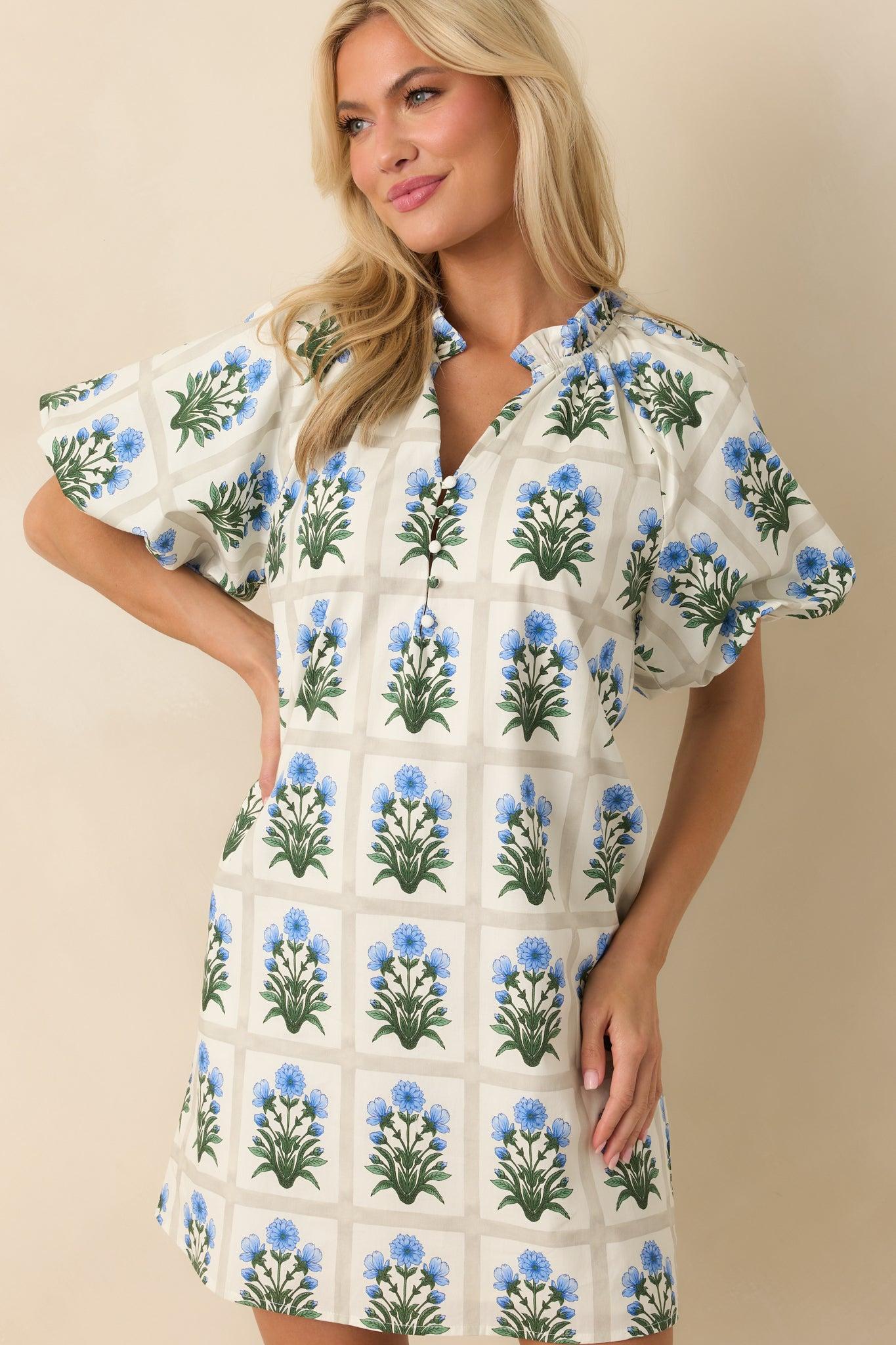 Staying Hopeful Blue Geometric Floral Print Cotton Mini Dress Product Image