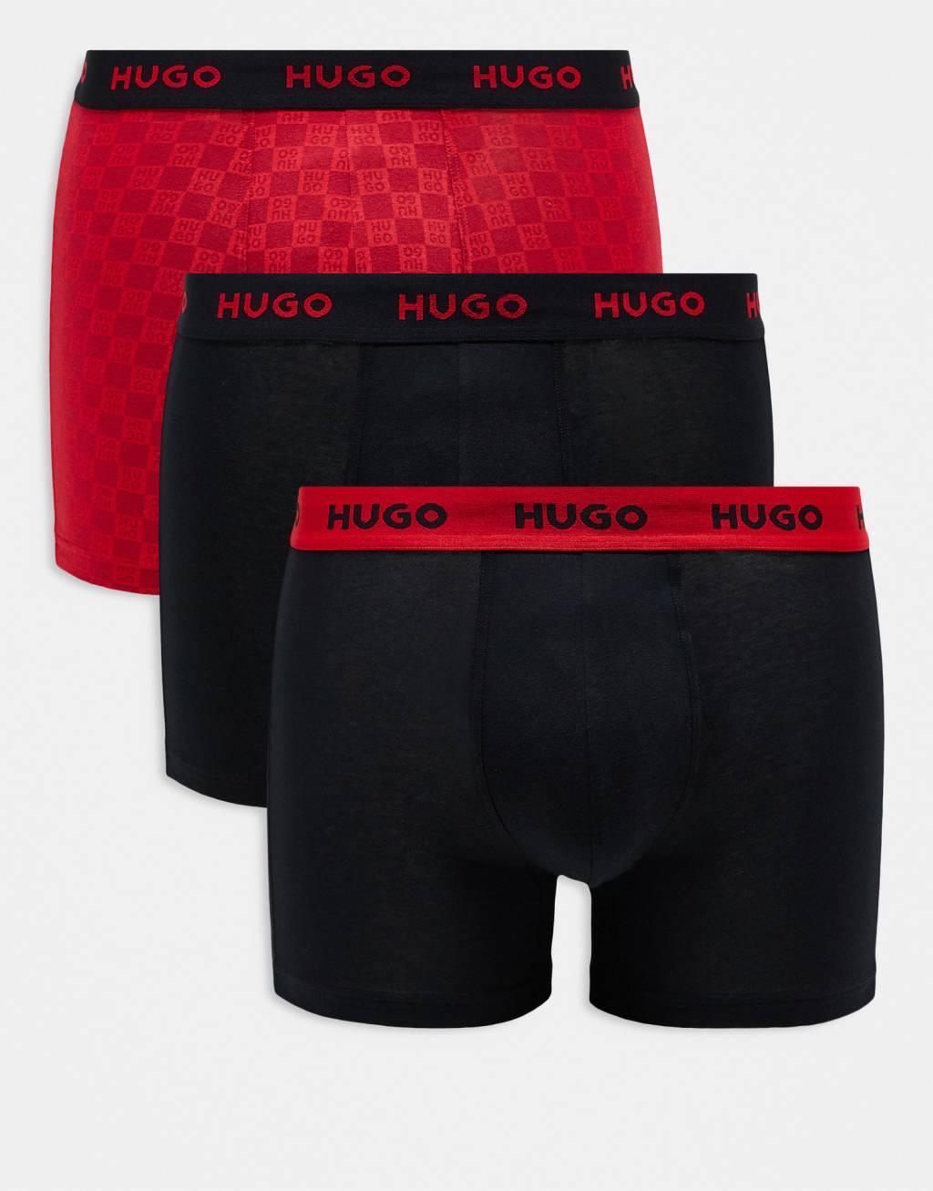 HUGO Bodywear 3-pack boxer briefs in black and red with design print Product Image