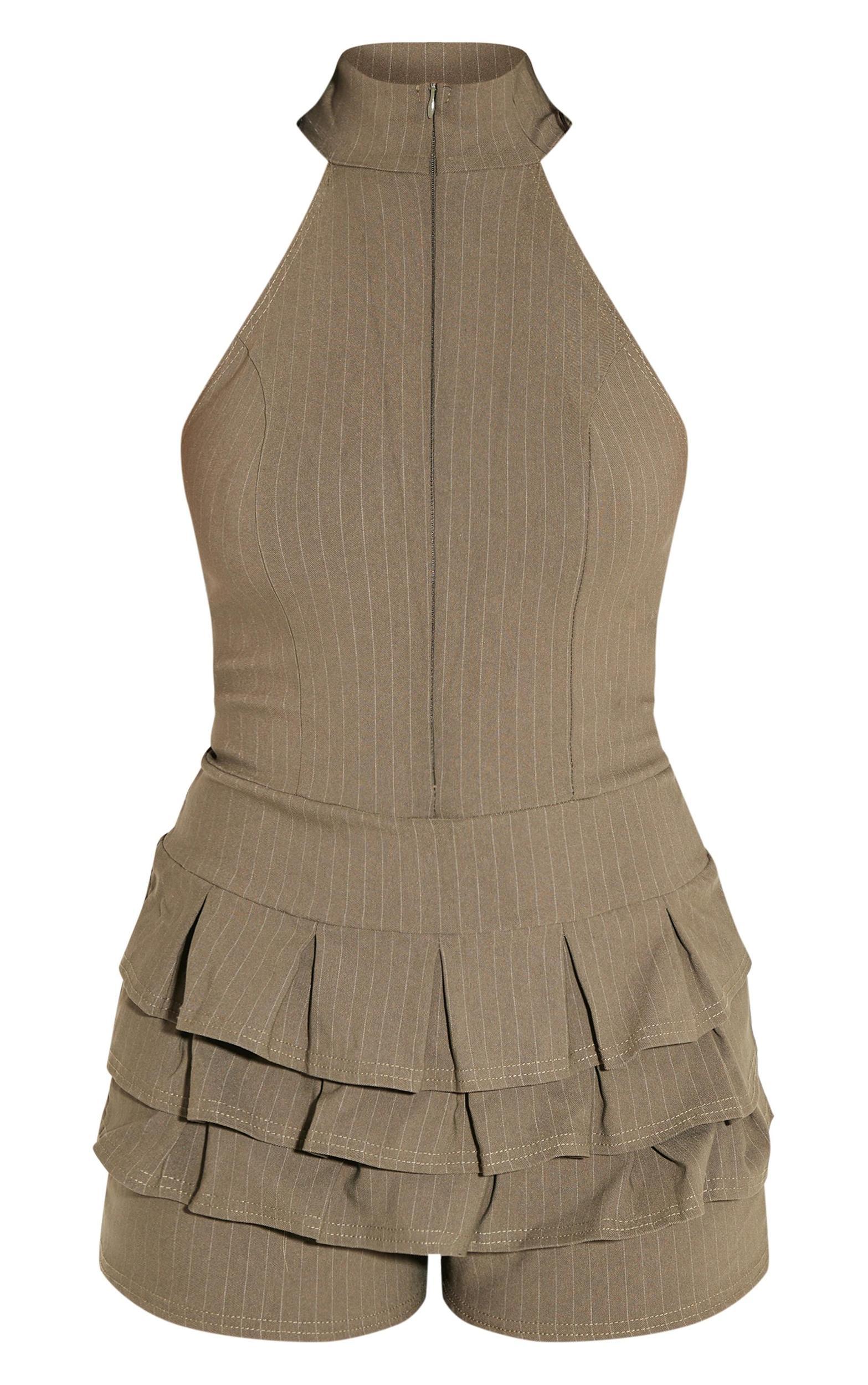  Khaki Stretch Woven High Neck Rara Skort Romper Product Image