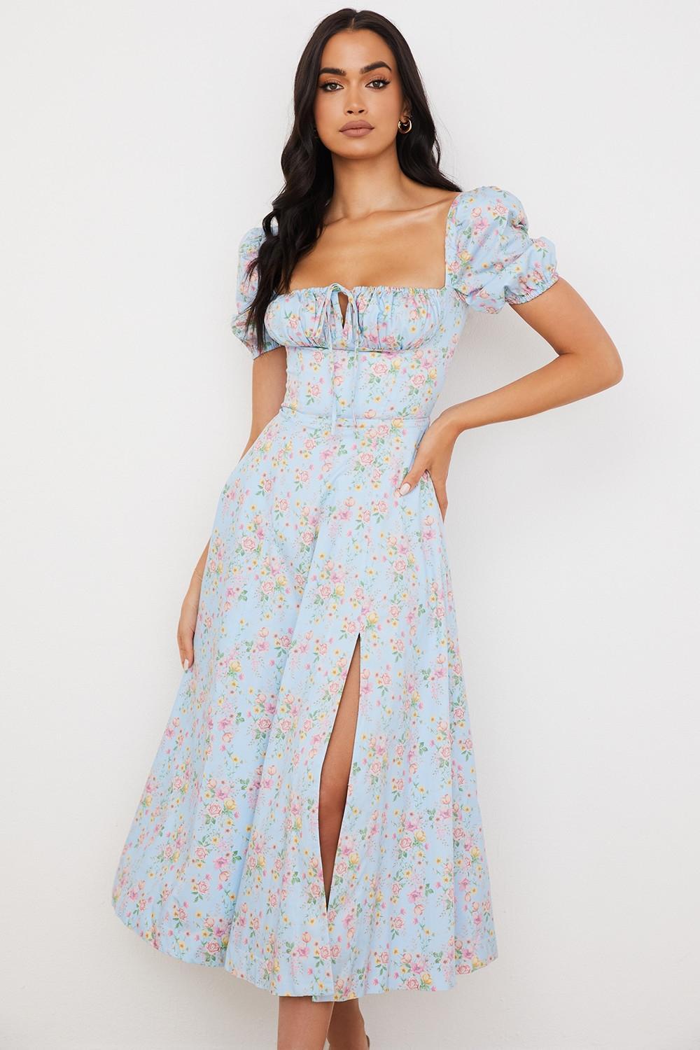 Tallulah Blue Vintage Floral Puff Sleeve Midi Dress Product Image