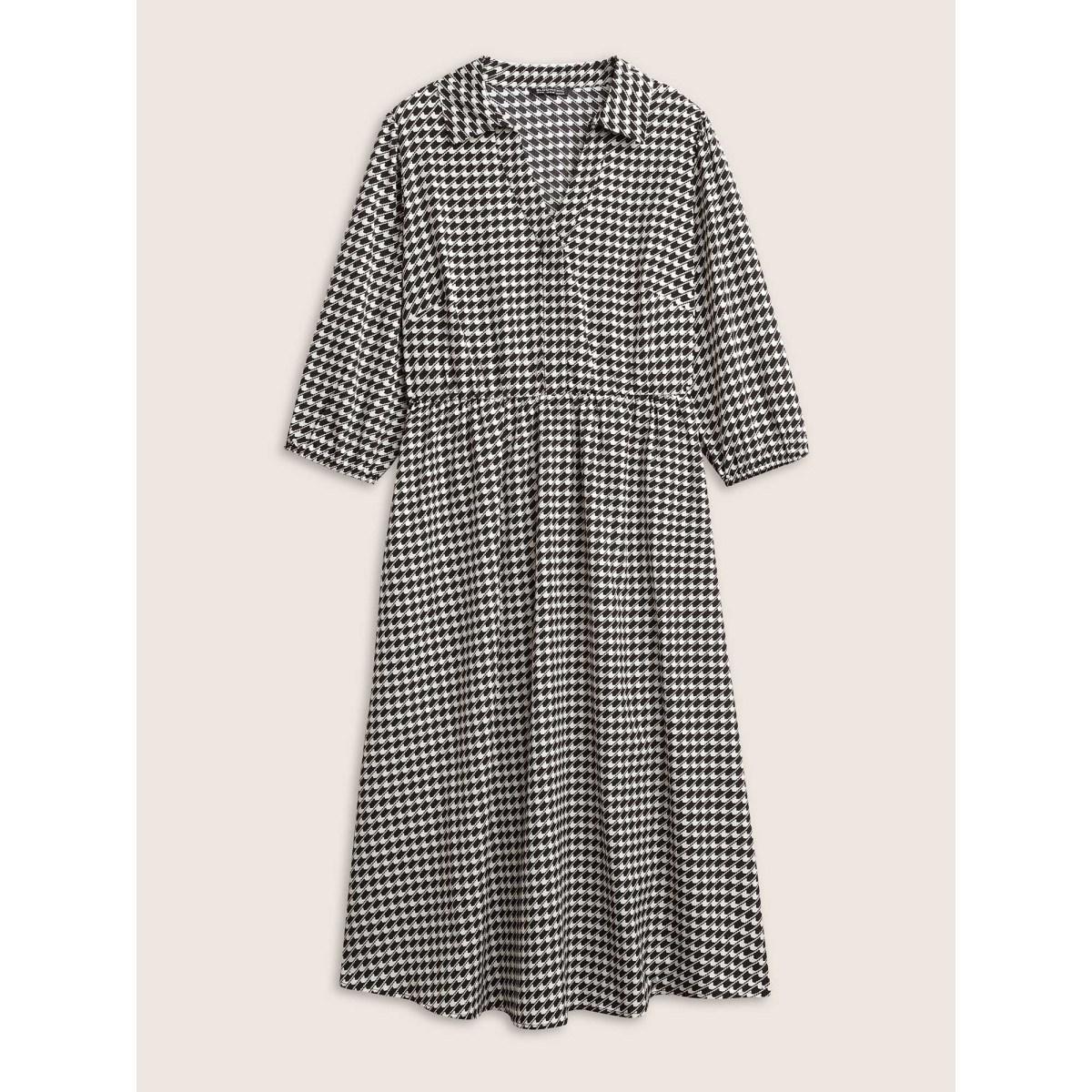 Plus Size Geometric Colorblock Lapel Collar Elastic Waist Dress Black Women At the Office Non Lapel Collar Elbow-length sleeve Curvy Midi Dress BloomChic 18-20/2X Product Image