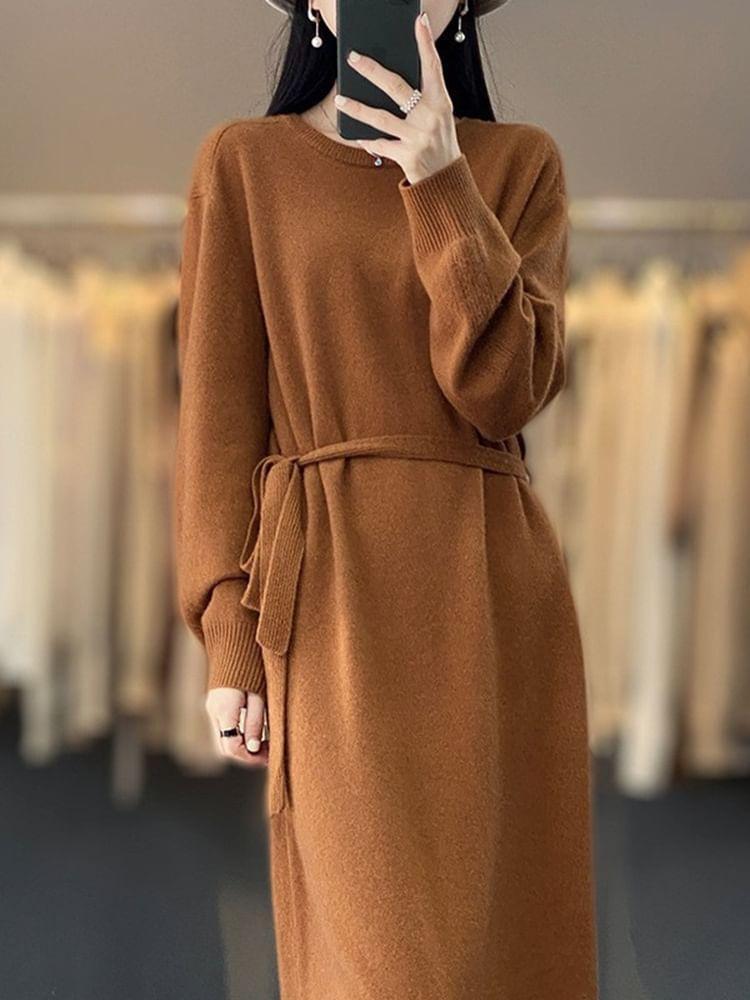 Set: Crew Neck Plain Midi Sweater Dress + Belt Product Image
