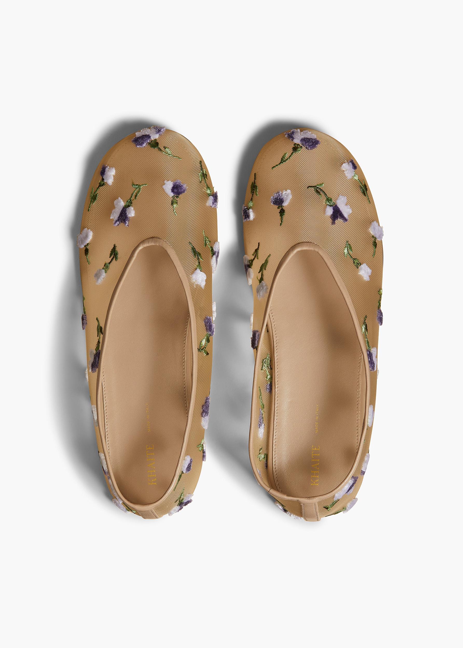 Marcy Flat in Beige Mesh with Purple Floral Embroidery Product Image