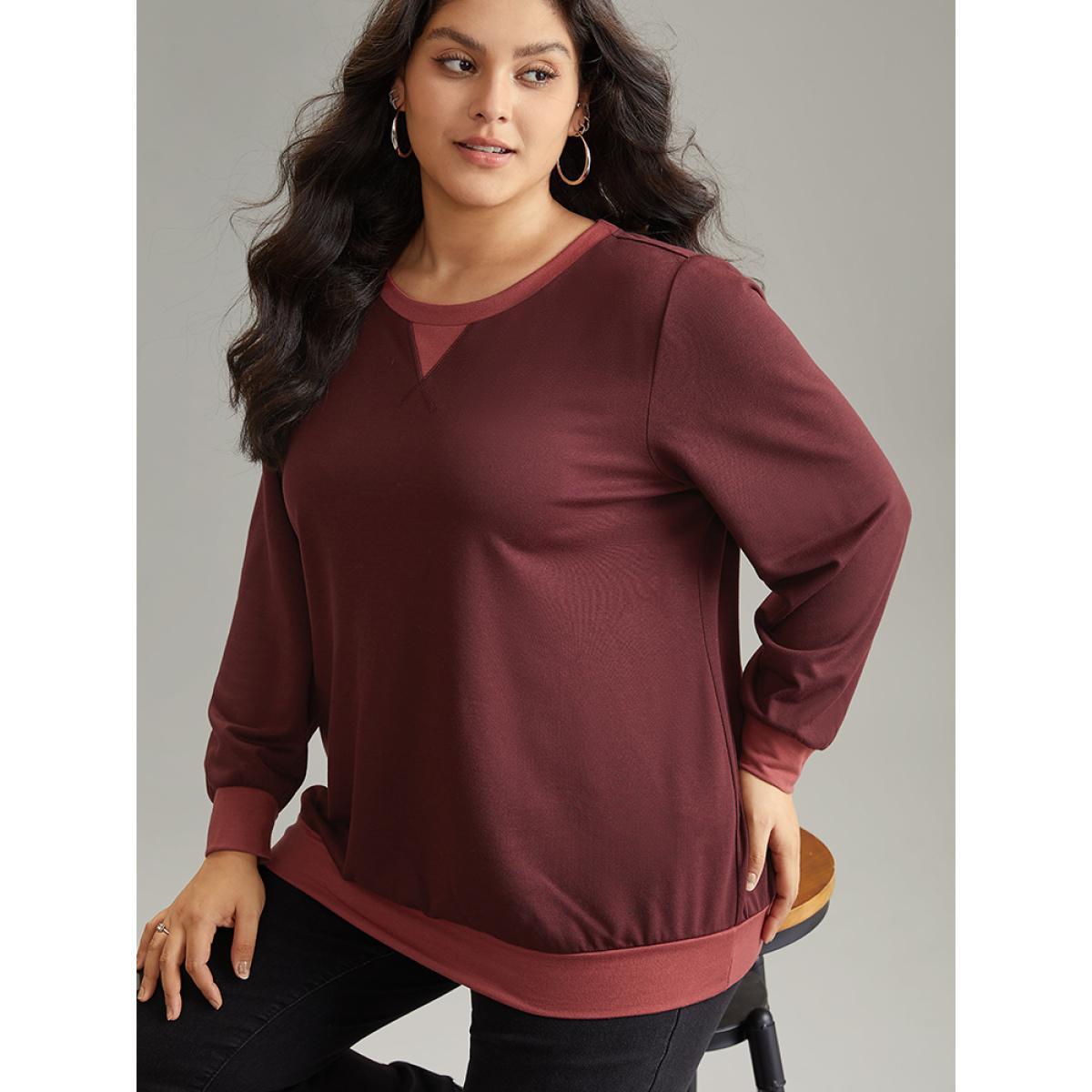 Plus Size Contrast Patchwork Stitch Detail Elastic Cuffs Sweatshirt Women Maroon Casual Plain Round Neck Dailywear Sweatshirts BloomChic 14-16/1X Product Image