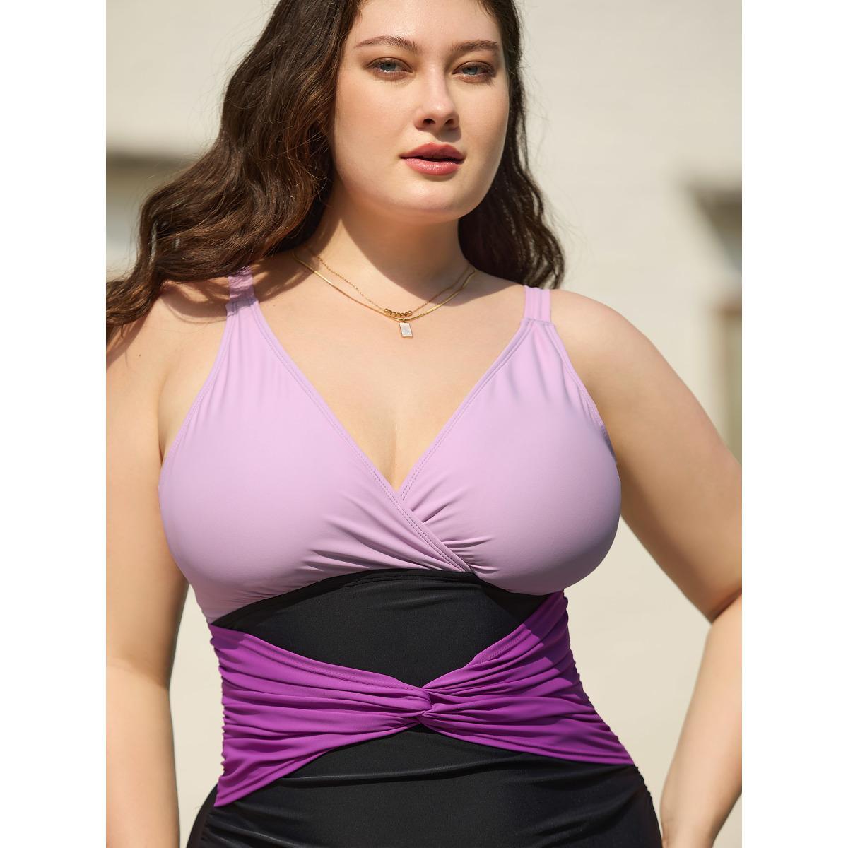 Plus Size Color Block Ruched One-Piece Swimsuit Women's Swimwear Lilac Beach Twist Curve Bathing Suits High stretch One Pieces BloomChic 14-16/1X Product Image