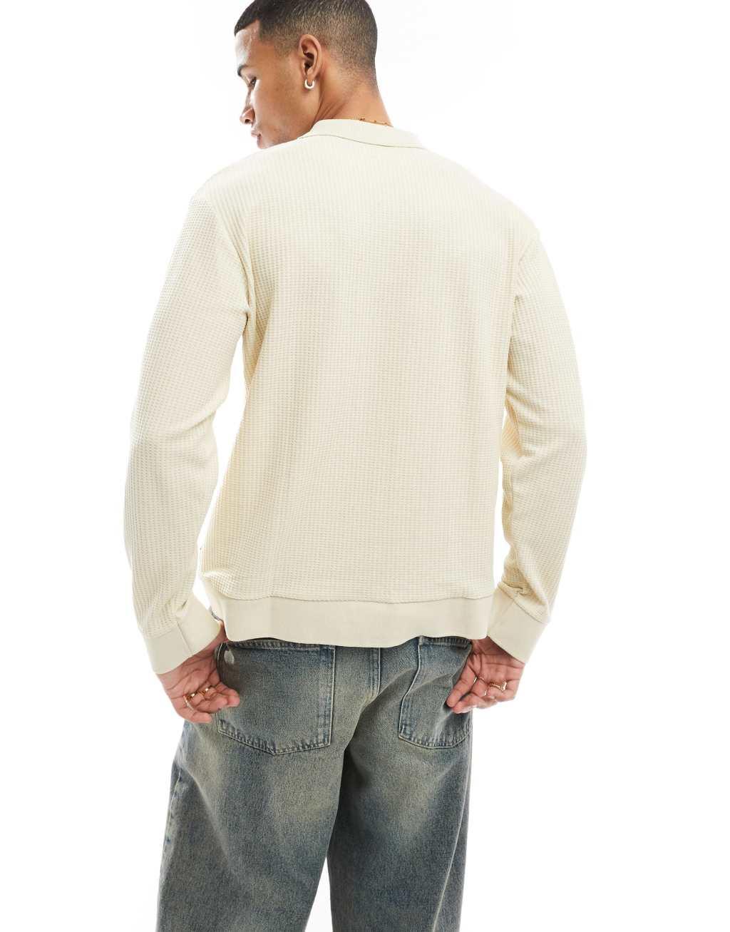 Jack & Jones knit long sleeve textured polo in ecru Product Image