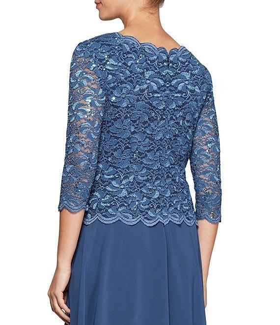 Alex Evenings Petite Size Scalloped Round Neck Sequin Lace Bodice 3/4 Sleeve Chiffon Skirted Tea Length Dress Product Image