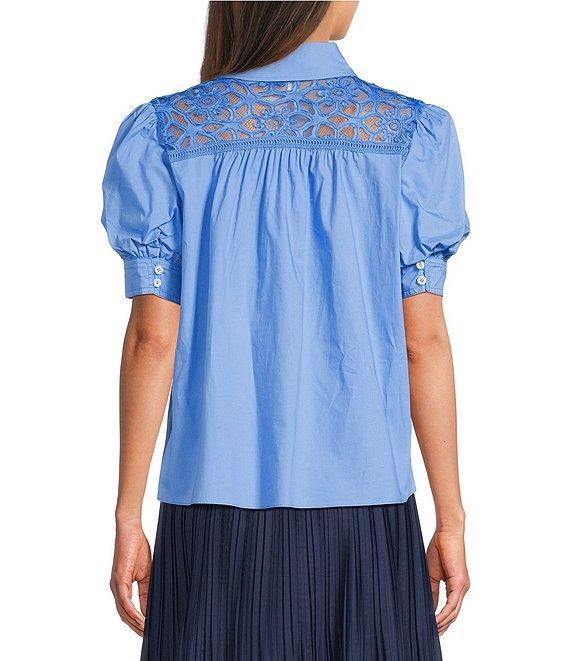 Current Air Cotton Poplin Lace Yoke Point Collar Puff Sleeve Button Front Shirt Product Image