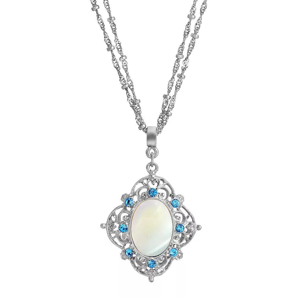 1928 Silver Tone Aqua and Simulated Oval Pearl Necklace, Womens, White Product Image