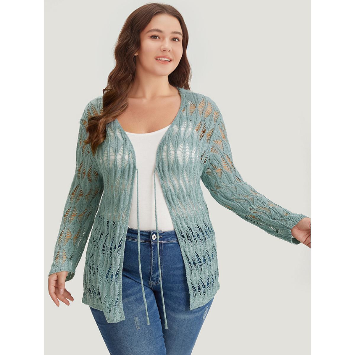 Plus Size Solid Tie Front Hollow Out Cardigan Stone Women Casual Loose Long Sleeve Everyday Cardigans BloomChic 26/4X Product Image