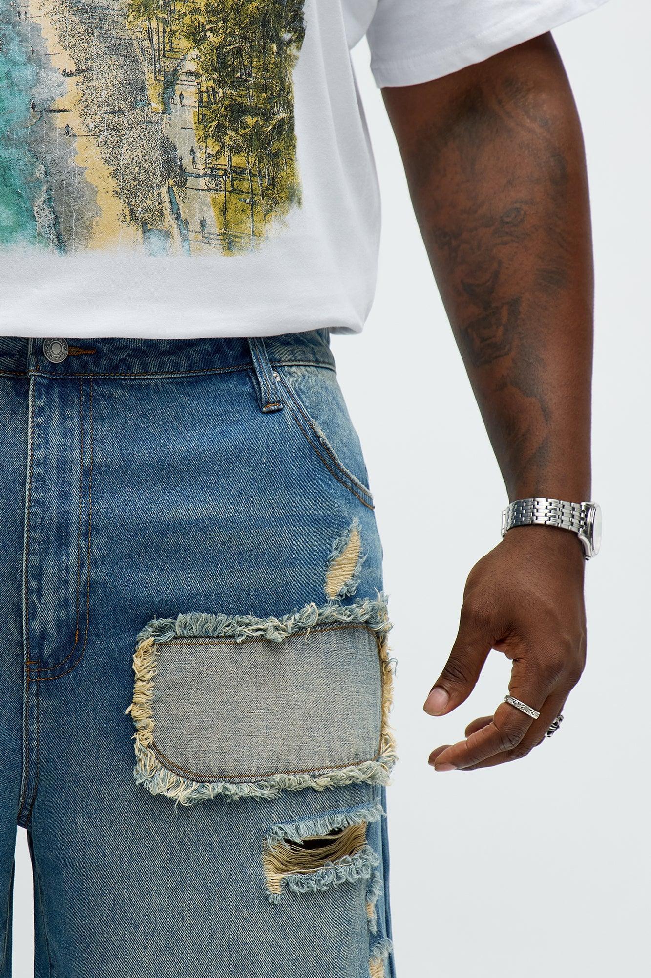 Relaxed Patches With Fray Distressed Denim Shorts - Vintage Blue Wash Product Image