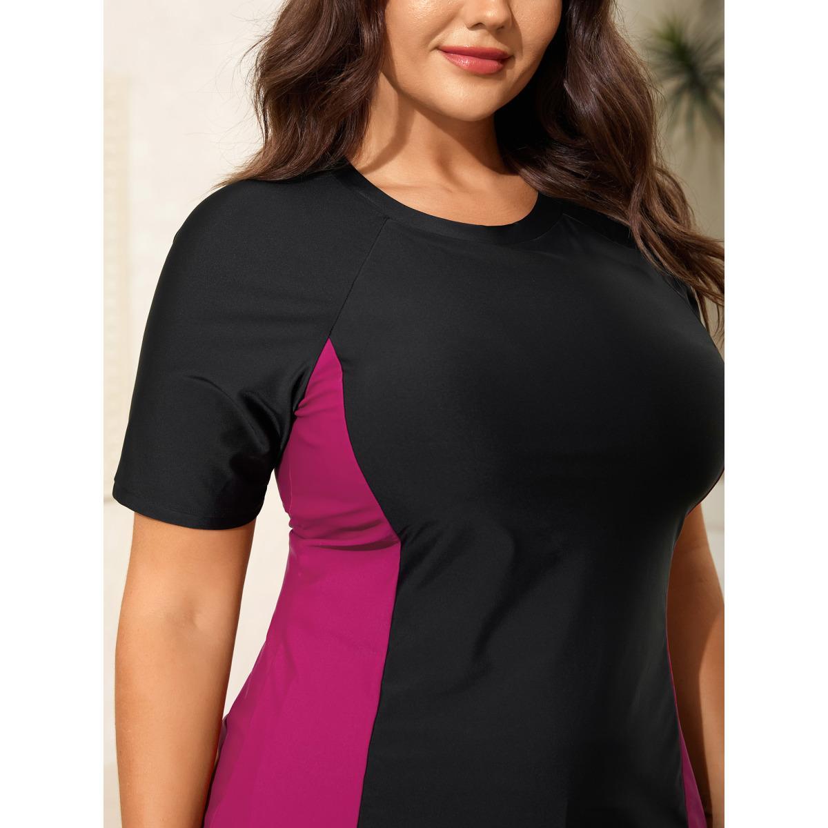 Plus Size Color Block Sculpted Raglan Swim Top Women's Swimwear RedViolet Beach High stretch Skinny Round Neck Curve Swim Tops BloomChic 12/L Product Image