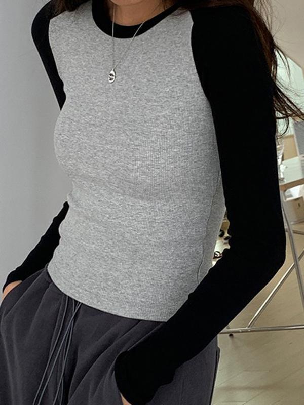 Contrast Color Raglan Slim Long Sleeve Knit Product Image