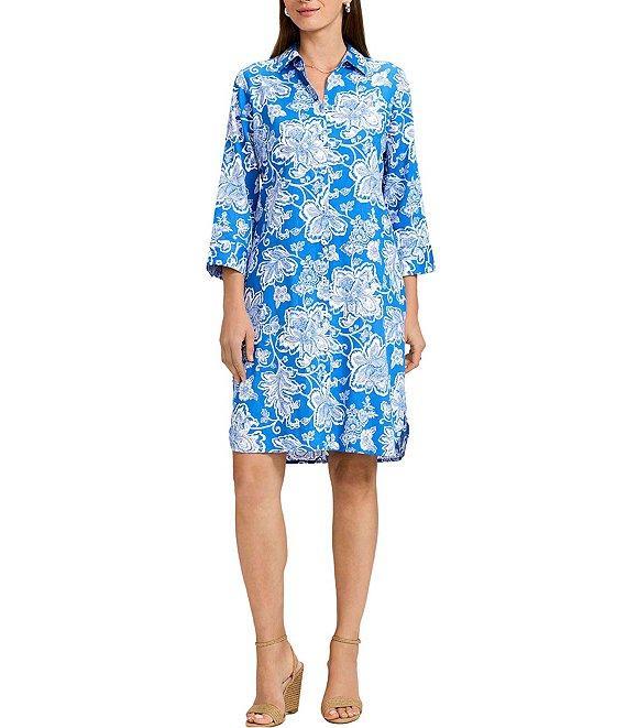 Foxcroft Rocca Cotton Sateen Floral Collage Print Point Collar 3/4 Sleeve Button-Front Shirt Dress Product Image