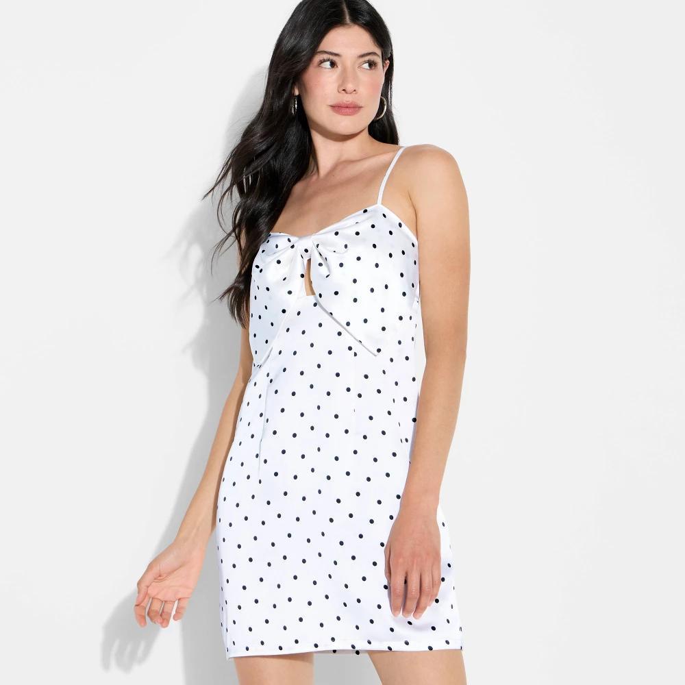 Women's Satin Bow Mini A-Line Dress - Wild Fable™ White/Black Polka Dots Product Image