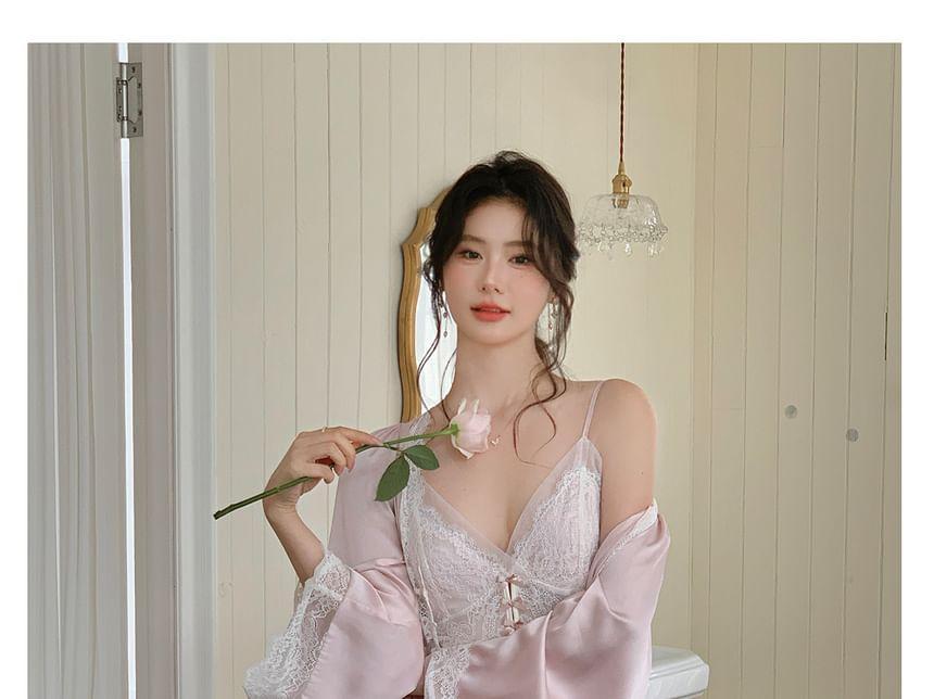 Pajama Set: Plain Lace Trim Robe + Spaghetti Strap Night Dress Product Image