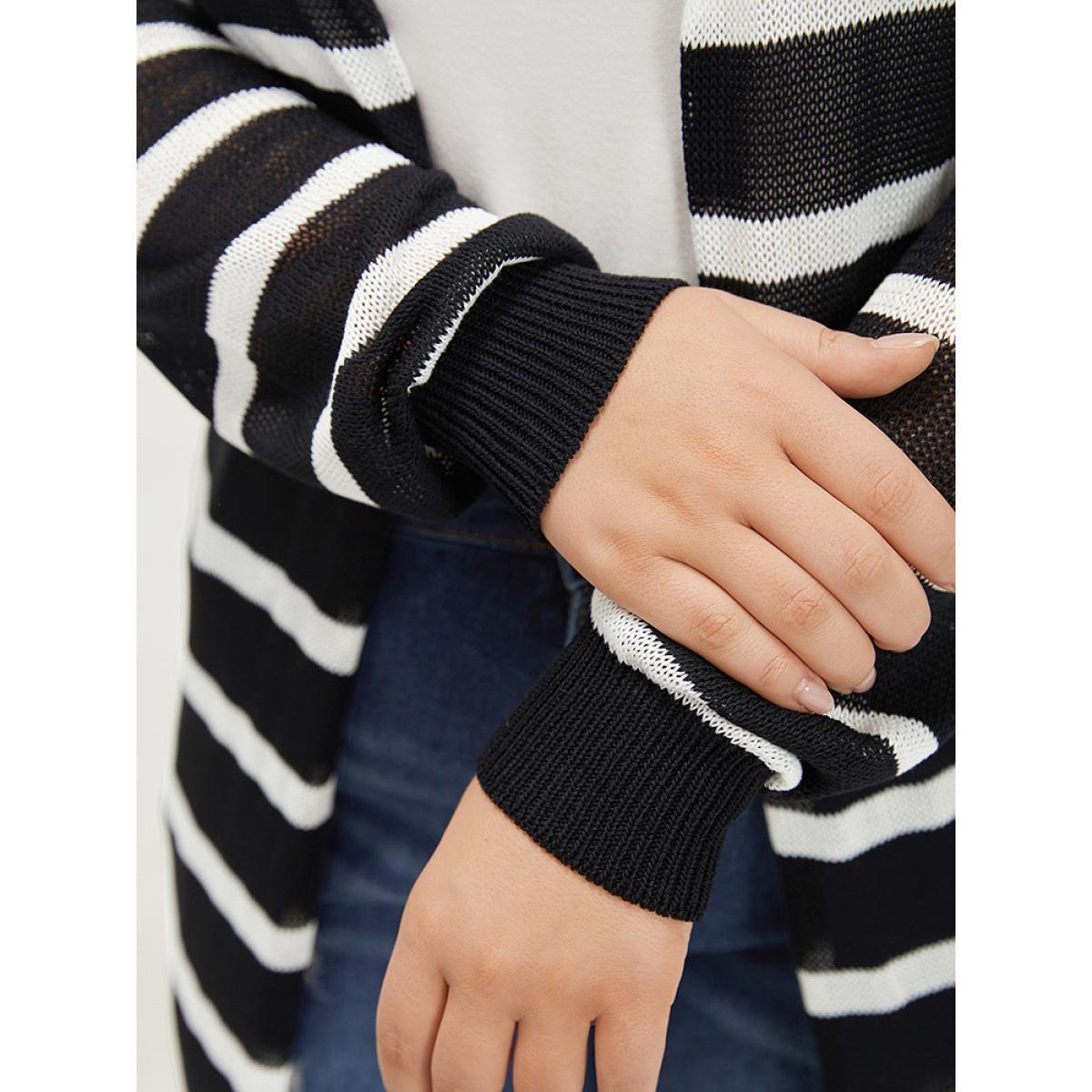 Plus Size Striped Open Front Elastic Cuffs Drop Shoulder Cardigan Black Women Casual Loose Long Sleeve Everyday Cardigans BloomChic 12/L Product Image