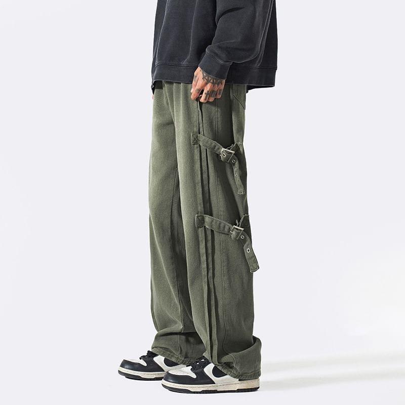 Mid Rise Plain Buckled Straight Leg Pants Product Image