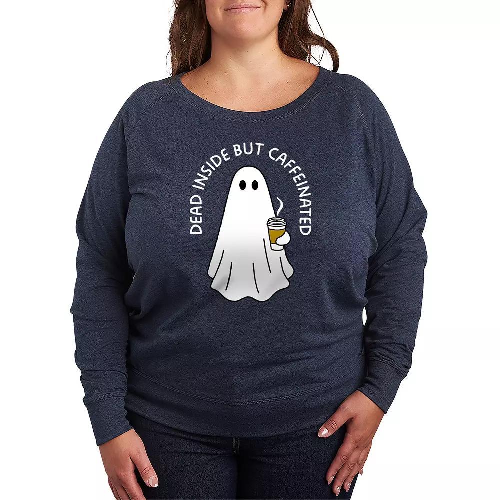 Plus Size Dead Inside Caffeinated Ghost French Terry Long Sleeve Tee, Womens Grey Dark Red Product Image