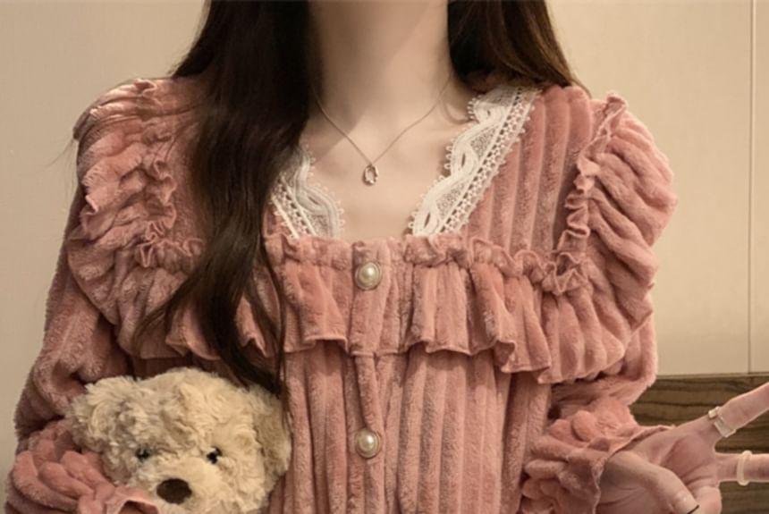 Pajama Set: Lace Trim Ruffled Coral Fleece Button-Up Shirt + Pants Product Image