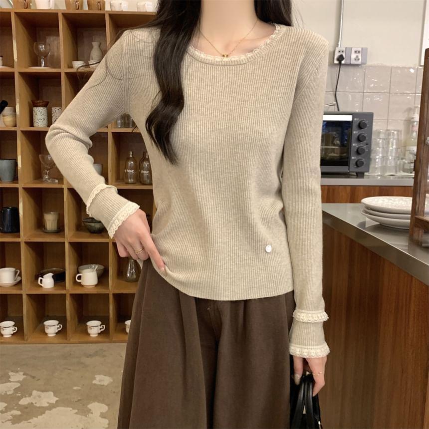 Long-Sleeve Round Neck Lace Trim Slim Fit Knit Top Product Image