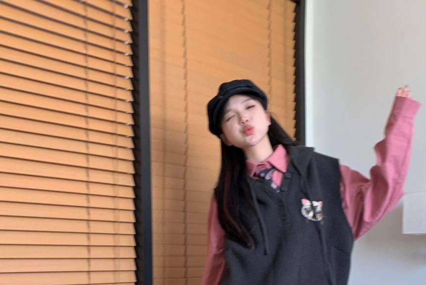 Plain Button-Up Shirt / Striped Neck Tie / Cat Embroidered Knit Sweater Vest Product Image