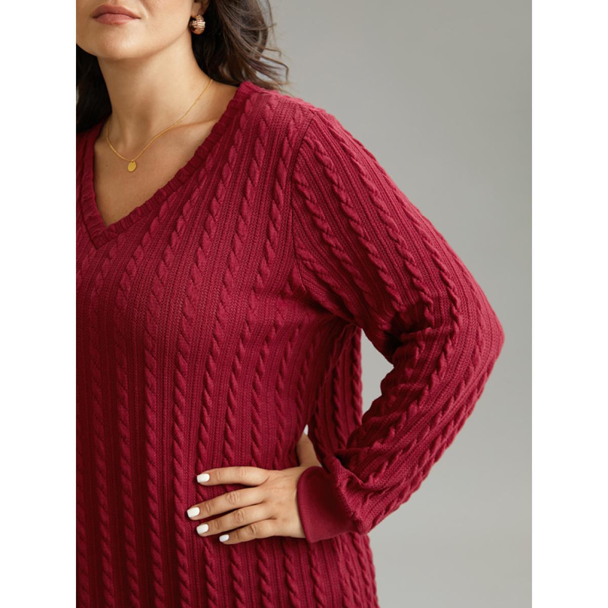 Plus Size Rib Knit Plain Elastic Cuffs Sweatshirt Women Scarlet Elegant Rib Knit V-neck Dailywear Sweatshirts BloomChic 14-16/1X Product Image