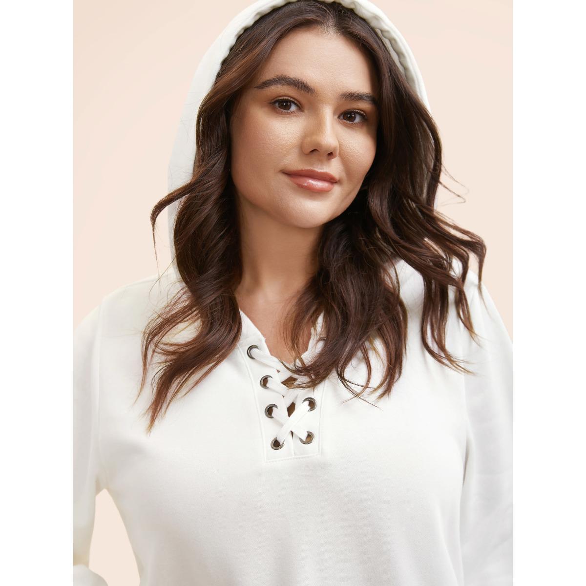 Plus Size Cross Straps Kangaroo Pocket Hooded Sweatshirt Women WhiteSmoke Elegant Eyelet Hooded Everyday Sweatshirts BloomChic 28/5X Product Image