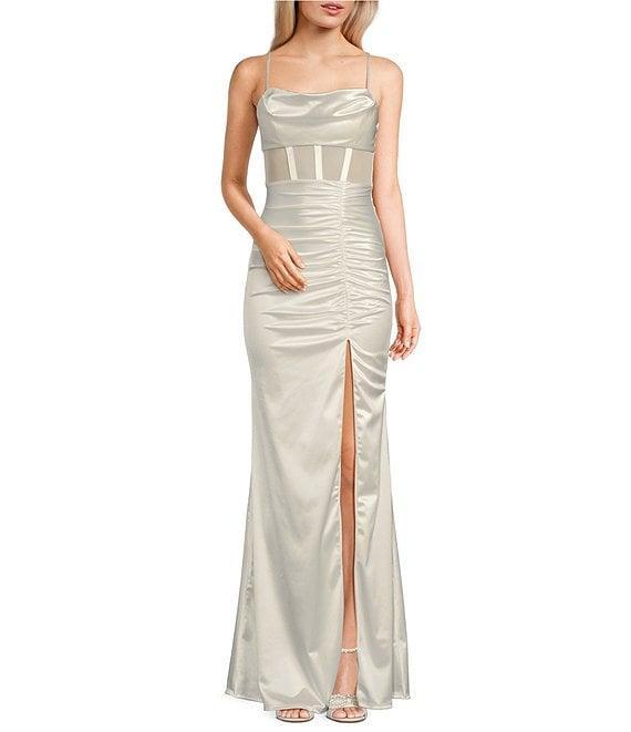 Honey and Rosie Sweetheart Drape Neck Illusion Mesh Corset Front Slit Long Dress Product Image