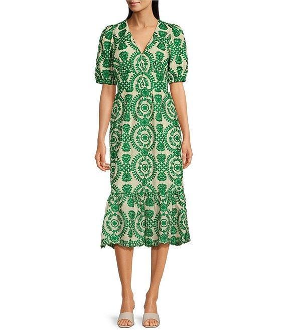 Adelyn Rae Eyelet Embroidered Puff Short Sleeve V-Neck Midi Dress Product Image