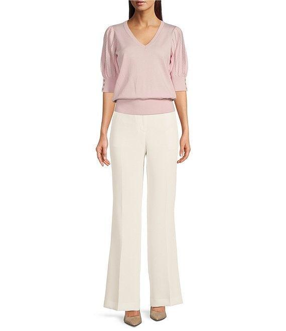 KARL LAGERFELD PARIS Knit Solid V-Neck Short Stripe Puff Sleeve Sweater Product Image