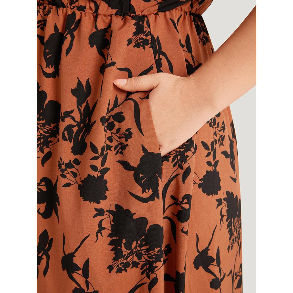 Plus Size Silhouette Floral Print Surplice Neck Elastic Waist Dress Chocolate Women Elegant Wrap V-neck Short sleeve Curvy Midi Dress BloomChic 14-16/1X Product Image