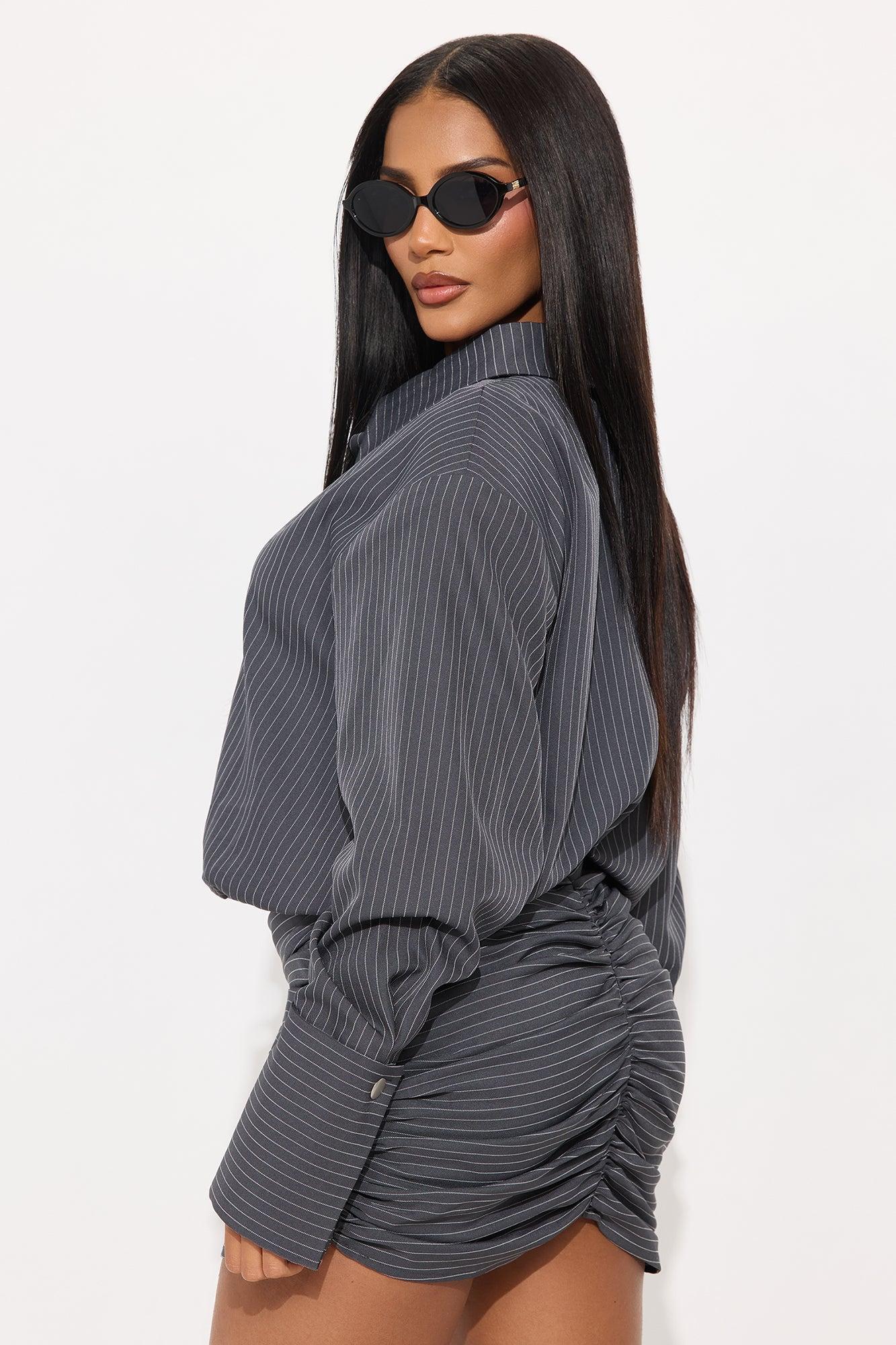 Lara Pinstripe Shirt Mini Dress - Grey Female Product Image