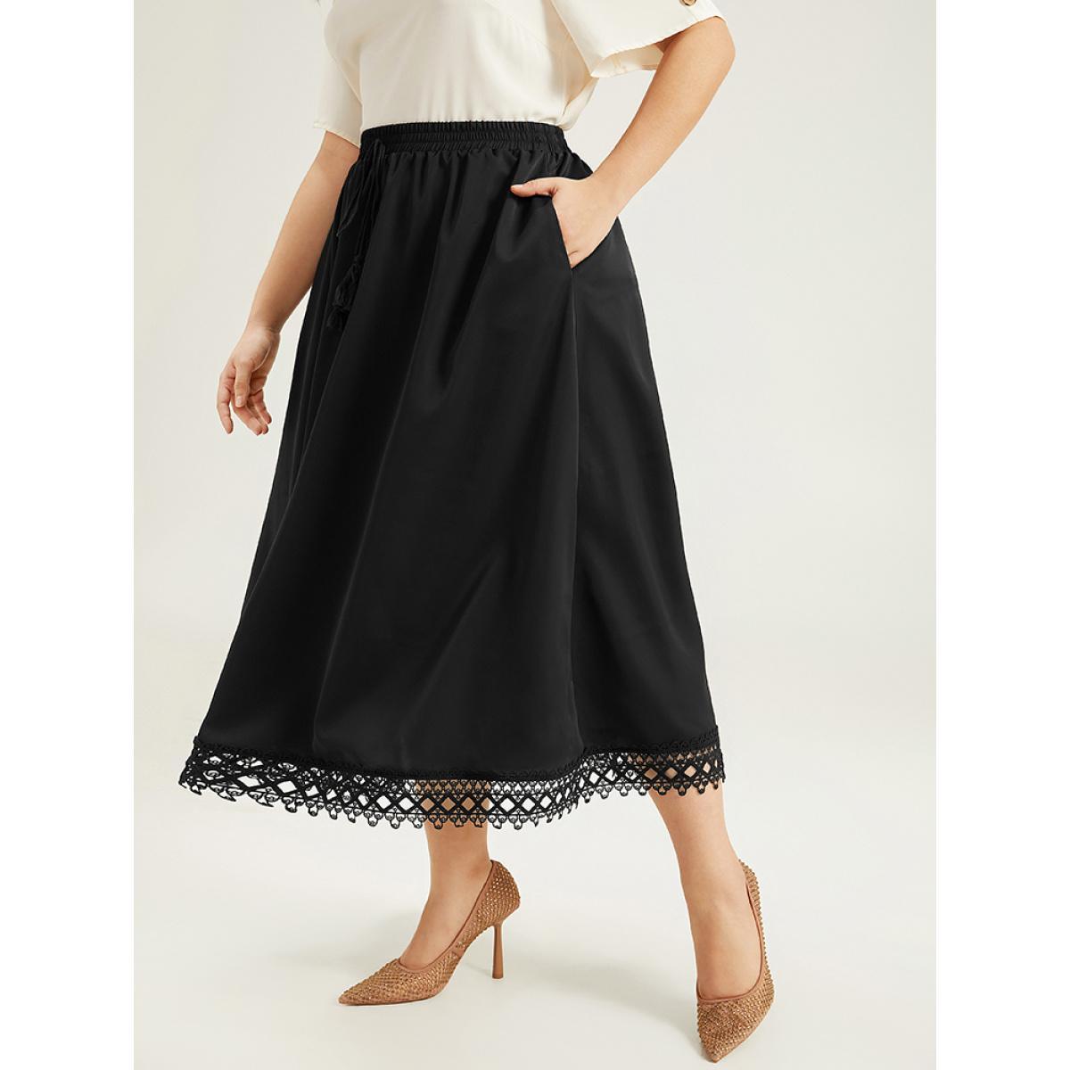 Plus Size Lace Insert Pocket Ties Tassel Skirt Women Black Office Tassels Low stretch Pocket Work Skirts BloomChic 10/M Product Image