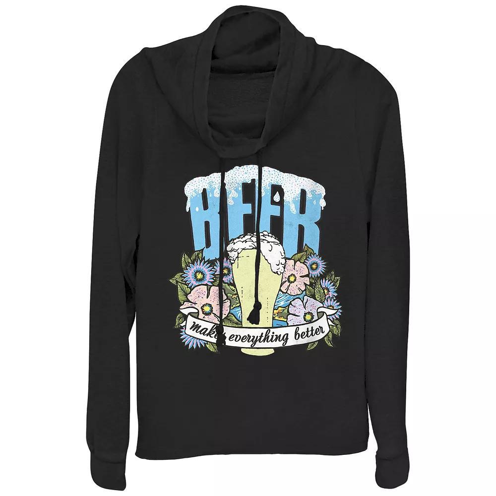 Women's Beer Makes Everything Better Cowlneck Graphic Lightweight Long Sleeve, Size: Large, Black Product Image