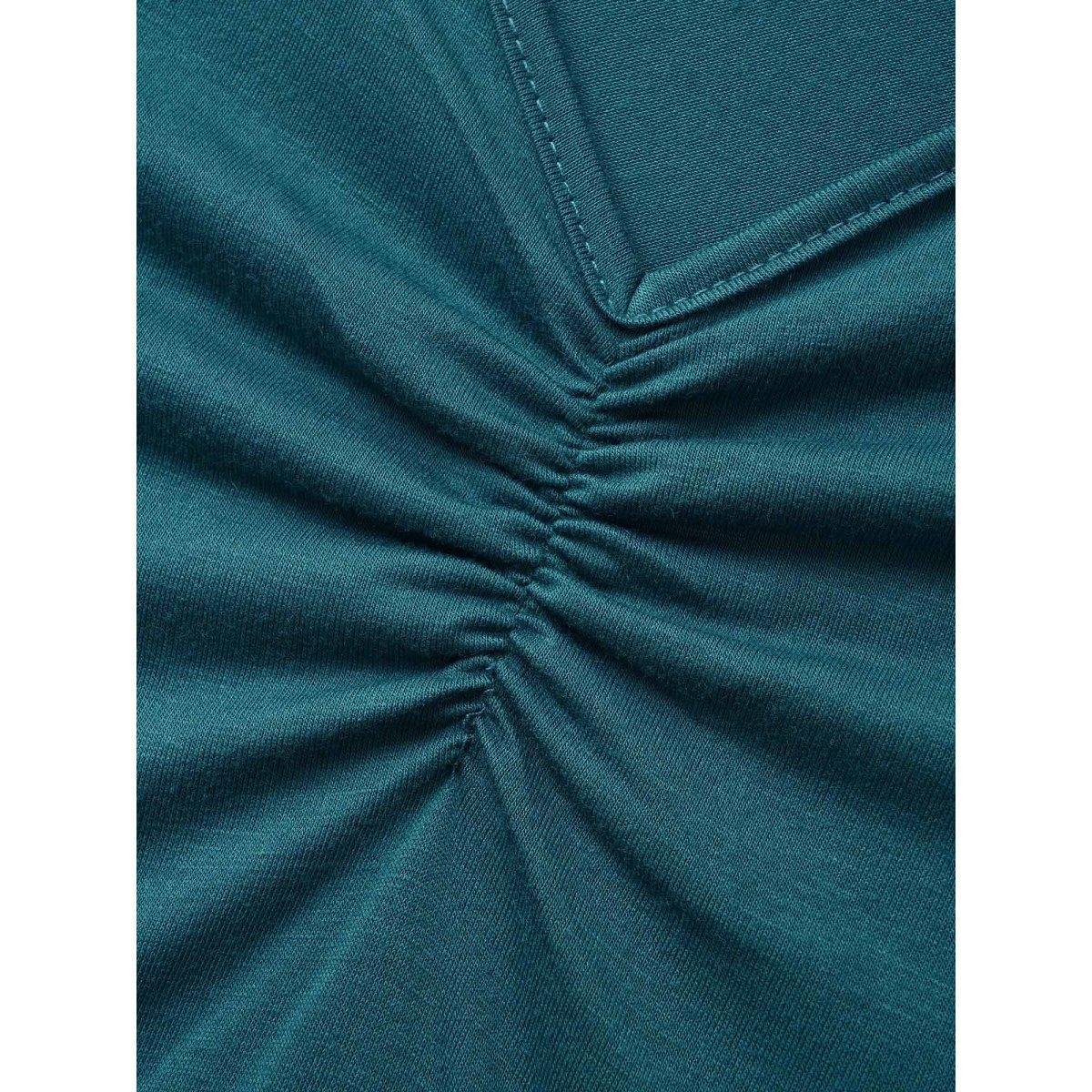 Plus Size Solid Ruched Pocket Asymmetrical Hem Dress Cerulean Women Elegant Gathered V-neck Short sleeve Curvy Midi Dress BloomChic 28/5X Product Image