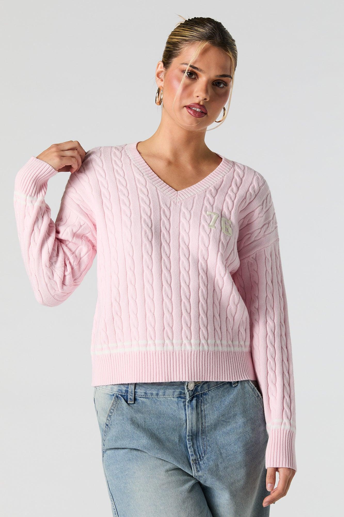 Number Embroidered Cable Knit Sweater Female Product Image