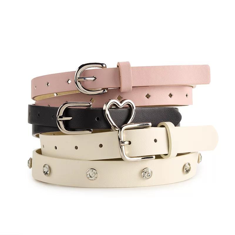 Women's madden girl 3 For 1 Heart Keeper, Rhinestone Stud, and Diamond Perforated Belts, Size: Small, Black White Blush Product Image
