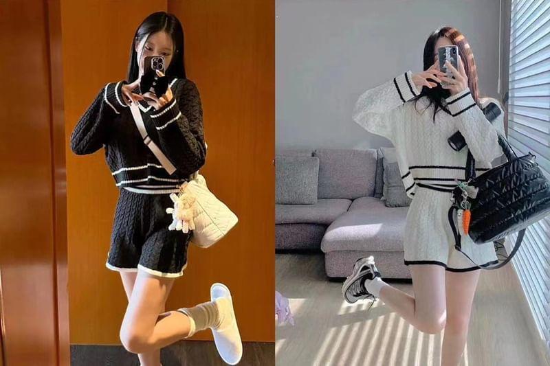 Set: Long-Sleeve Contrast Trim Knit Polo Shirt + Shorts Product Image