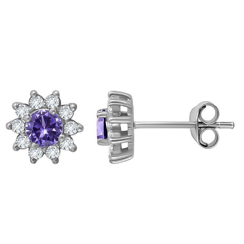 Aleure Precioso Sterling Silver Round with White Topaz Halo Stud Earrings, Women's, Silver Tone Red Product Image