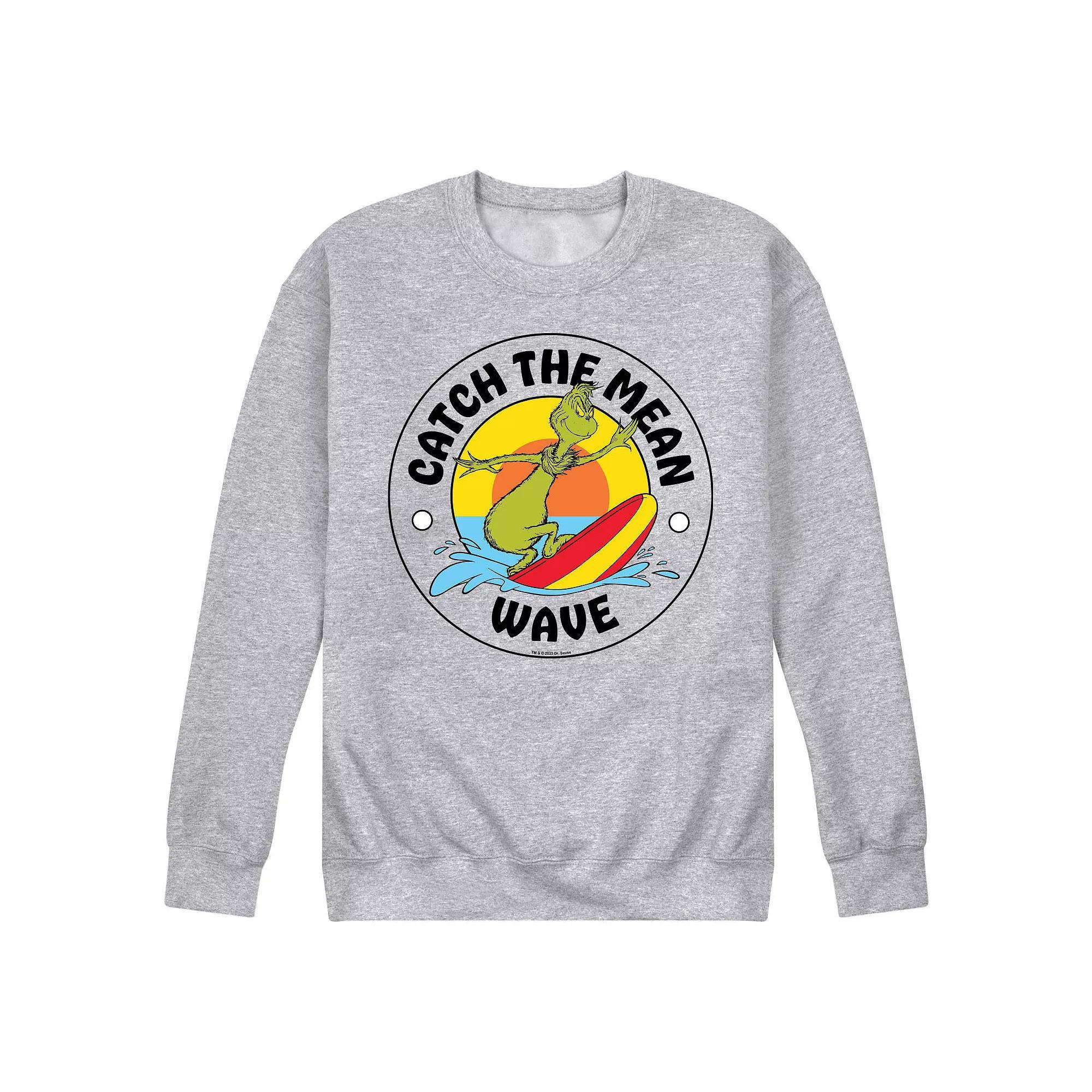 Mens Dr. Seuss The Grinch Catch The Mean Waves Fleece Sweatshirt Grey Gray Product Image