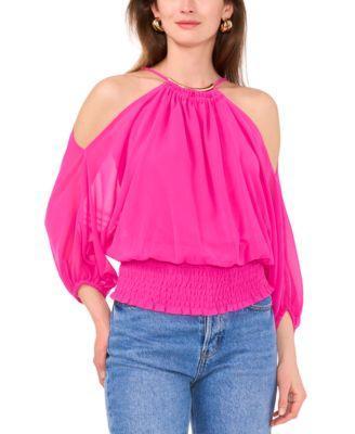 Sam & Jess Womens Cold-Shoulder Smocked-Waist Necklace Top Product Image