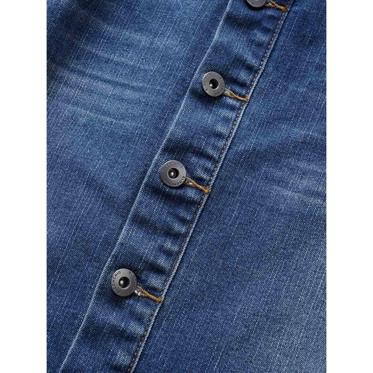 Plus Size Dark Wash Button Detail Bodycon Denim Skirt Women Blue Everyday Non Plain High stretch Dark Wash 12/L Slanted pocket Elegant Denim Skirts BloomChic Product Image