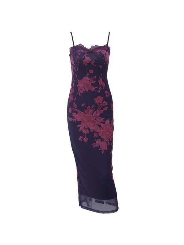 Backless Lace Trim Vintage Print Slit Maxi Dresses Product Image
