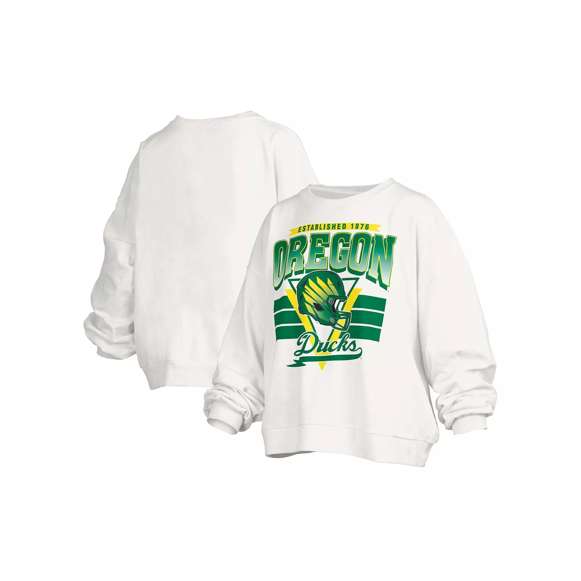 Women's Pressbox White Oregon Ducks Janice Retro Logo Oversized Pullover Sweatshirt, Size: Medium Product Image