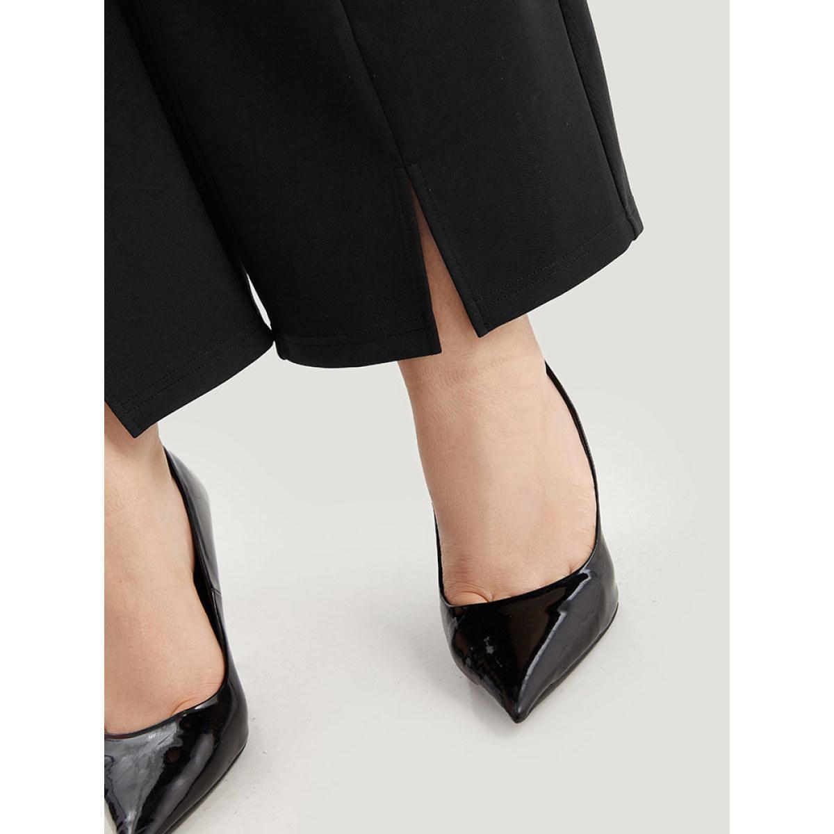 Plus Size Plain Split Front Pleated Pants Women Black At the Office Straight Leg High Rise Work Pants BloomChic 18-20/2X Product Image